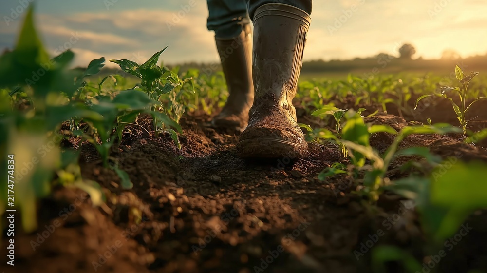 Fototapeta premium Farmer in muddy boots walking among young crops in a sunlit field