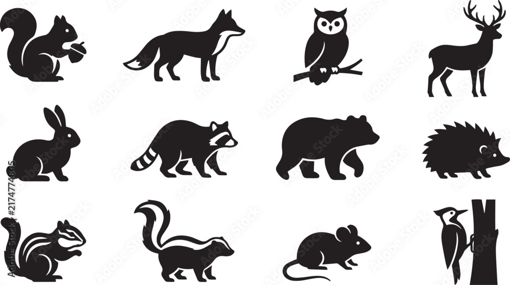 Obraz premium Collection of forest animal silhouettes, including a squirrel, fox, owl, deer, rabbit, raccoon, bear, hedgehog, chipmunk, skunk, mouse, and bird