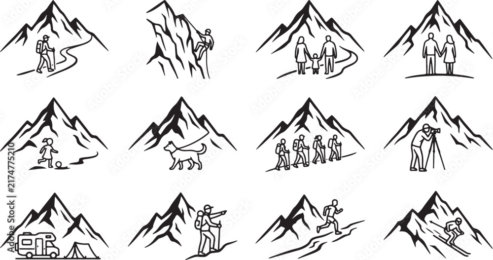 Fototapeta premium Set of black and white mountain showing people hiking, climbing, camping, taking and skiing in various outdoor adventure scenes
