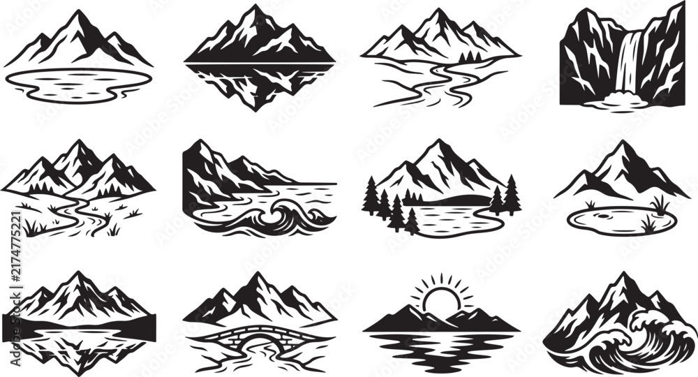 Fototapeta premium Set of black and white mountain landscape featuring lakes, rivers, waterfalls, bridges, ocean waves, and sunrises on white