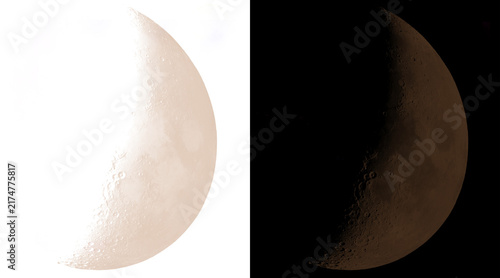 Bild auf Leinwand Crescent moon phase illustration, glowing lunar surface on white and black backg