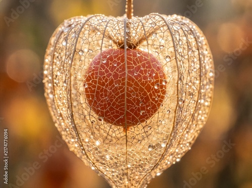 Macro of dried Physalis Chinese lantern skeleton with dew drops and glowing orange berry in golden hour light