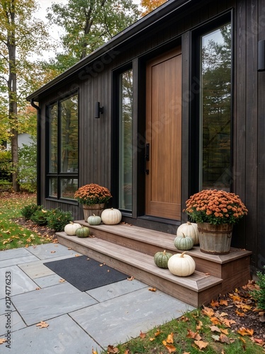 Modern dark wood cottage front porch decorated for autumn with heirloom pumpkins and orange chrysanthemums