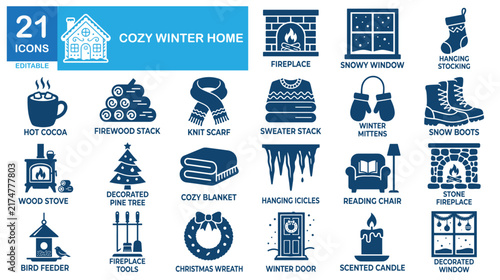 Cozy winter home icon set. Warm fireplace, indoor relaxation, snowy cottage vectors.