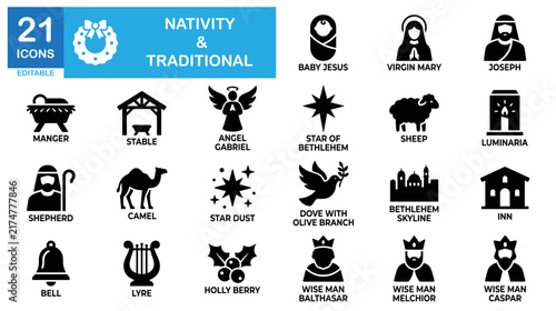 Nativity and traditional element icon set. Holy family, manger scene, religious christmas vectors.