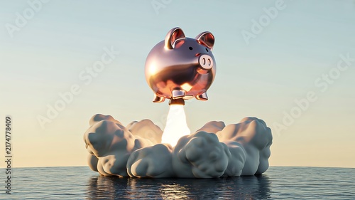 Piggy bank launching upward from clouds representing financial growth and savings