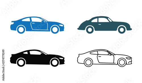Set of four different sport car icons in blue green black and outline style