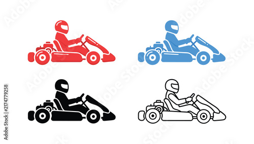 Set of four go kart racing icons with drivers in different colors and outline styles