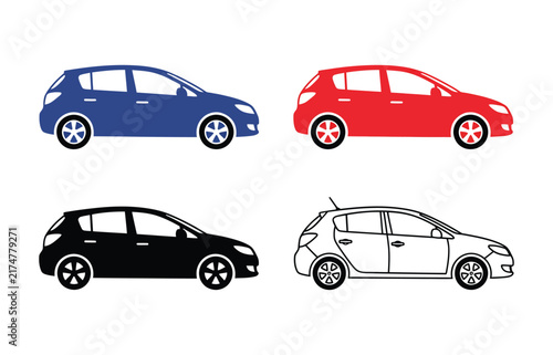 Set of four modern hatchback car icons in blue red black and white outline style