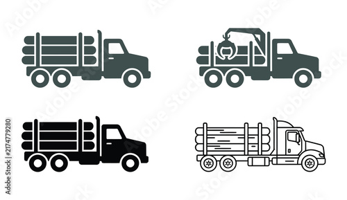 Set of timber logging truck icons showing transport and wood loading machines in various styles