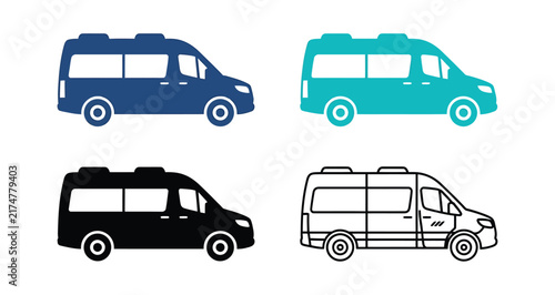 Set of four simple van icons showing side view in different styles including color and line art