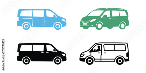 Set of minivan car icons in different styles and colors for transportation and travel design
