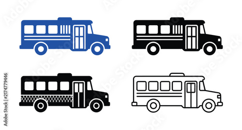 Set of four school bus icons in different styles including color and black and white line art