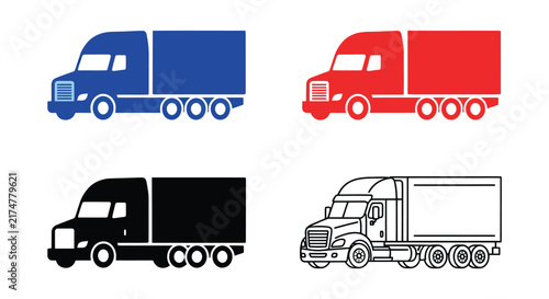 Set of four simple delivery truck icons in blue red black and white line art styles