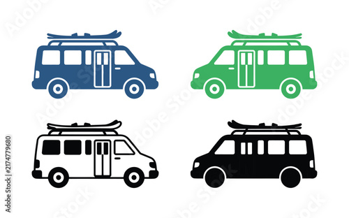 Set of travel van icons with surfboard on roof in different colors and styles