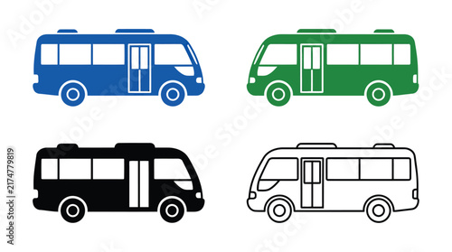 Set of four simple minibus icons in various colors and outline styles for transportation design