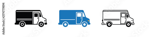 Set of delivery truck icons in black blue and line art style for logistics and transport design