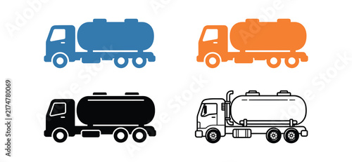 Set of tanker truck icons in blue orange black and outline flat design