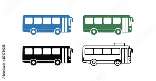 Set of four different city bus icons in blue green black and outline style