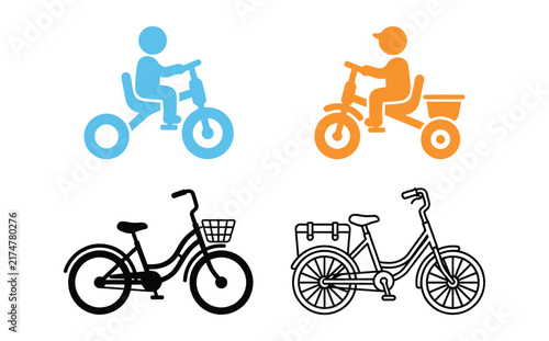 Set of simple bicycle and tricycle icons with people riding on colorful and black line art style