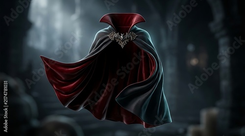 Gothic vampire cape with red velvet lining, ornate dracula cloak in dark castle, mystical halloween costume accessory