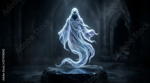 Ethereal glowing ghost in dark dungeon, spooky phantom spirit in hooded robe, haunting supernatural apparition in stone chamber