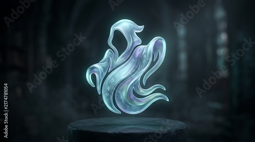 Ethereal glowing ghost icon on stone pedestal, mystical phantom spirit in dark gothic atmosphere, magical blue spectral entity