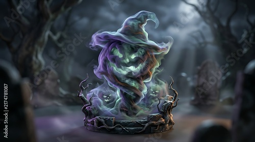 Spooky ghost pumpkin with witch hat in graveyard, glowing halloween spirit phantom, mystical smoke jack-o-lantern in dark forest