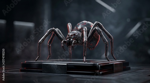 Futuristic mechanical spider on display pedestal, metallic robotic arachnid sculpture, sci-fi bionic insect concept art in dark laboratory