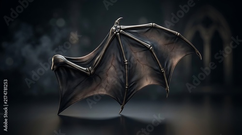 Gothic dragon wing with skeletal structure, dark fantasy bat wing on black background, cinematic demon wing for horror concepts