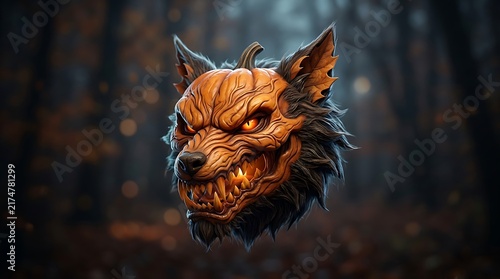Halloween werewolf pumpkin head, scary carved jack-o-lantern wolf monster, spooky creature in dark forest, orange glowing beast mask