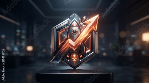 Futuristic rocket emblem with glowing orange arrow, metallic startup logo on dark office background, business growth and success icon