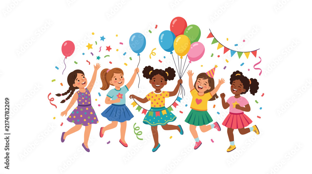 Fototapeta premium Diverse Happy Girls Celebrating with Colorful Balloons and Confetti