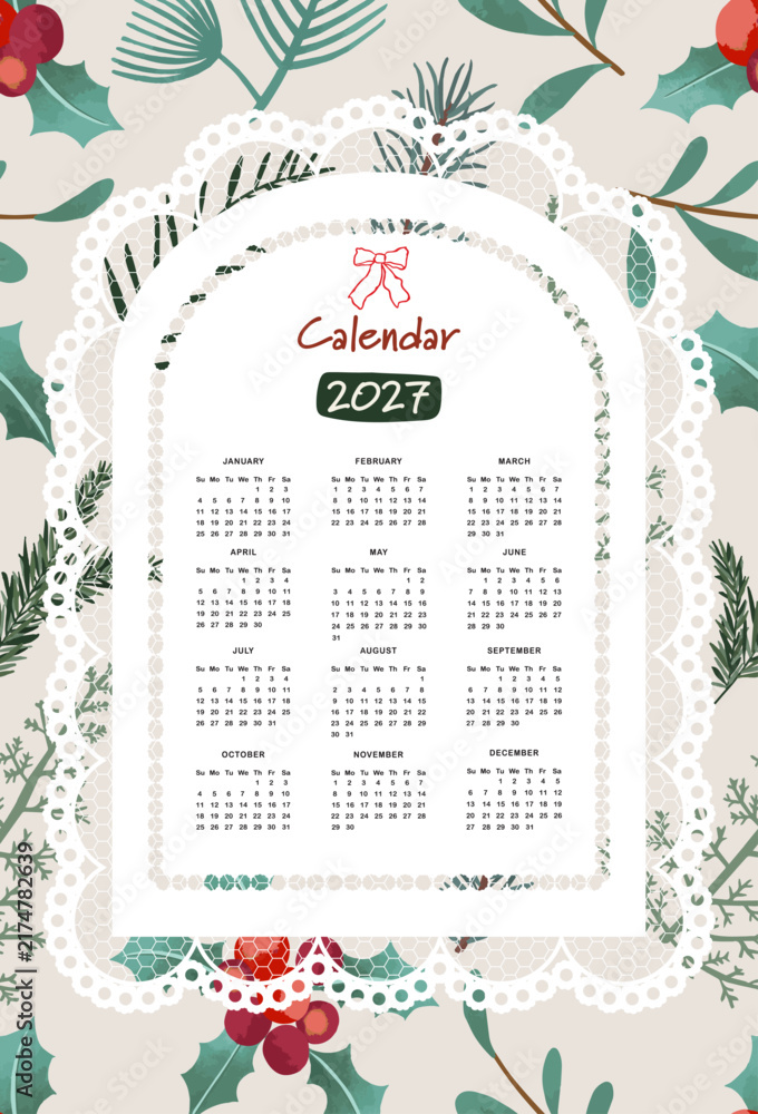 Naklejka premium 2027 Christmas Year Calendar with Lace Frame and Red Bow