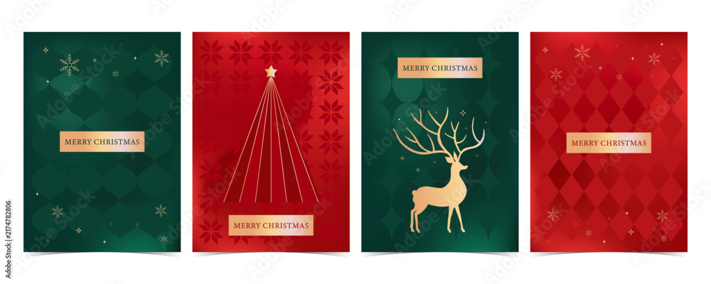 Obraz premium Christmas Gold Card Set with Deer, Tree, and Pattern