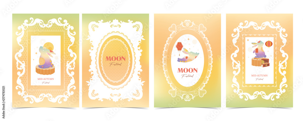 Obraz premium Green Mid Autumn Card Set with Rabbit and Floral Frames