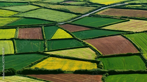division. Aerial view of farmland divided into geometric patches by hedgerows and roads. travel magazines, destination branding, designed for outdoor magazines and nature guides.
