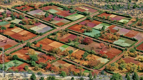 division. Aerial view of farmland divided into geometric patches by hedgerows and roads. travel magazines, destination branding, designed for outdoor magazines and nature guides.