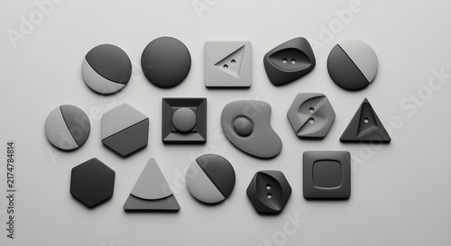 A creatively reimagined version of flat lay of modern minimalist buttons with geometric shapes, monochromatic color palette, clean studio background, abstract design, emphasizing style, visual interes