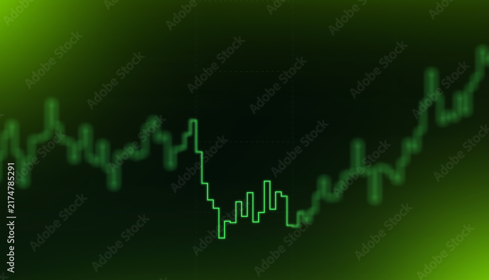 Obraz premium Green digital line graph showing market trends and financial data analysis on a dark background, representing economic progress, investment growth, and stock exchange performance for business reports