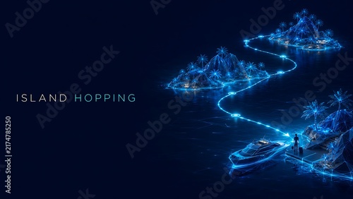 Aerial view of illuminated tropical islands connected by glowing blue light paths at night with tropical illuminated landscape electric abstract connection geography environment destination