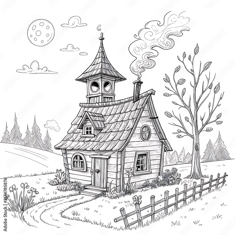 Obraz premium Charming wooden house with tower in a peaceful countryside setting
