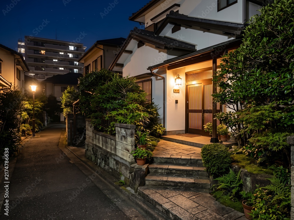 Fototapeta premium 静寂な夜に玄関灯が灯る日本家屋と住宅街の路地