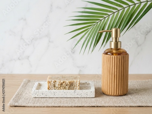 Modern bathroom soap dispenser and natural bar soap on a marble tray