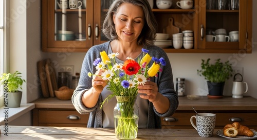 A vivid, atmospheric reinterpretation of middle-aged woman arranging fresh flowers in a vase on a sunlit kitchen counter, rustic wooden cabinets, soft morning light, cozy home vibe, written with riche