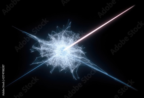 Abstract energy explosion.  Light beams radiate from a central point