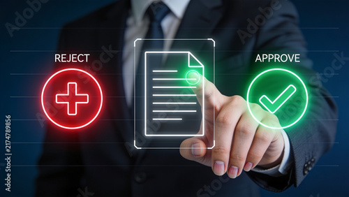 Document Approval or Rejection Decision, Businessman Choosing Verify or Decline on Digital Interface