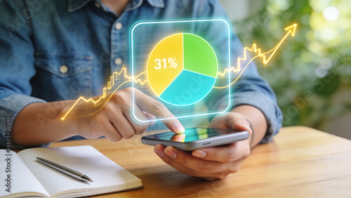 Business Data Analytics with Pie Chart and Rising Trend Graph, Financial Growth and Statistics on Smartphone