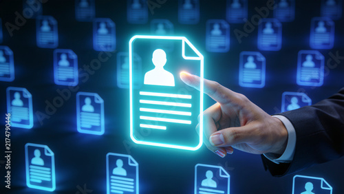 Digital Personnel Records and Document Management, Businessman Selecting Profile File on Futuristic Interface