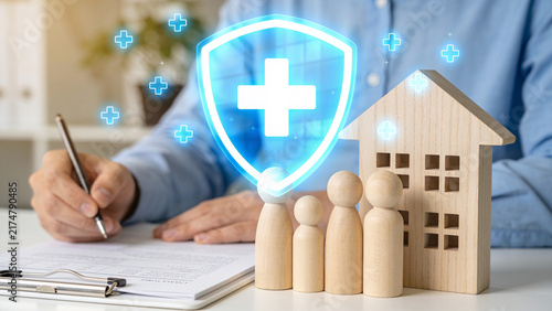 Family and Home Insurance Protection, Healthcare Shield with House and Family Figures Concept